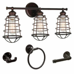 Ajax 3-Light Coffee Bronze Vanity Light With Kimball 3-Piece Satin Black Bathroom Accessory Kit