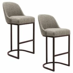 Barrelback Bar Stool W/ Gray Linen Seat & Espresso Metal Base Set Of 2