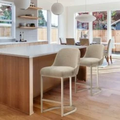 Barrelback Counter Stool With Oatmeal Linen Seat And Pewter Metal Base -US Home Sales Store barrelback stool oatmeal linen metal 2 set 14