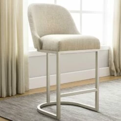 Barrelback Counter Stool With Oatmeal Linen Seat And Pewter Metal Base -US Home Sales Store barrelback stool oatmeal linen metal 2 set 8