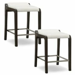Wood Stool With Ivory Faux Leather Seat In Buffed Pecan, Set Of 2