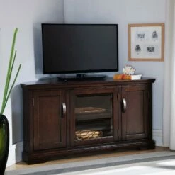 Corner TV Stand With 3 Doors In Chocolate Cherry, 47-Inch