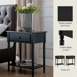 Coastal Side Table With AC/USB/USB-C Chargerin Swan Black, 2-Pack -US Home Sales Store coastal side table drawer usb outlet 2pk 2