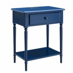 Coastal Side Table With USB-C, A/C And USB Charger In Navy Blue