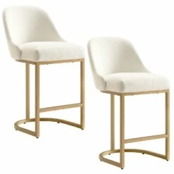 Barrelback Counter Stool With Linen Seat And Gold Metal Base Set Of 2