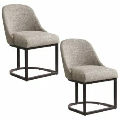 Barrelback Dining Chair With Gray Linen Seat And Espresso Metal Base, Set Of 2
