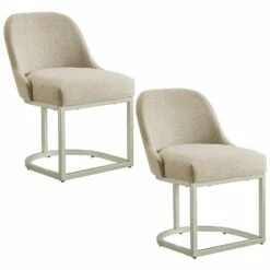 Barrelback Dining Chair With Oatmeal Linen Seat And Pewter Metal Base, Set Of 2