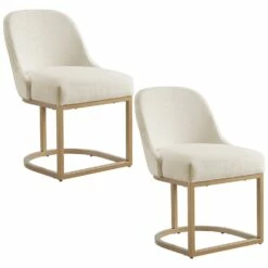 Barrelback Dining Chair With White Linen Seat And Gold Metal Base, Set Of 2