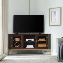 Corner TV Stand With Gold Metal Base In Chocolate, 58-Inch