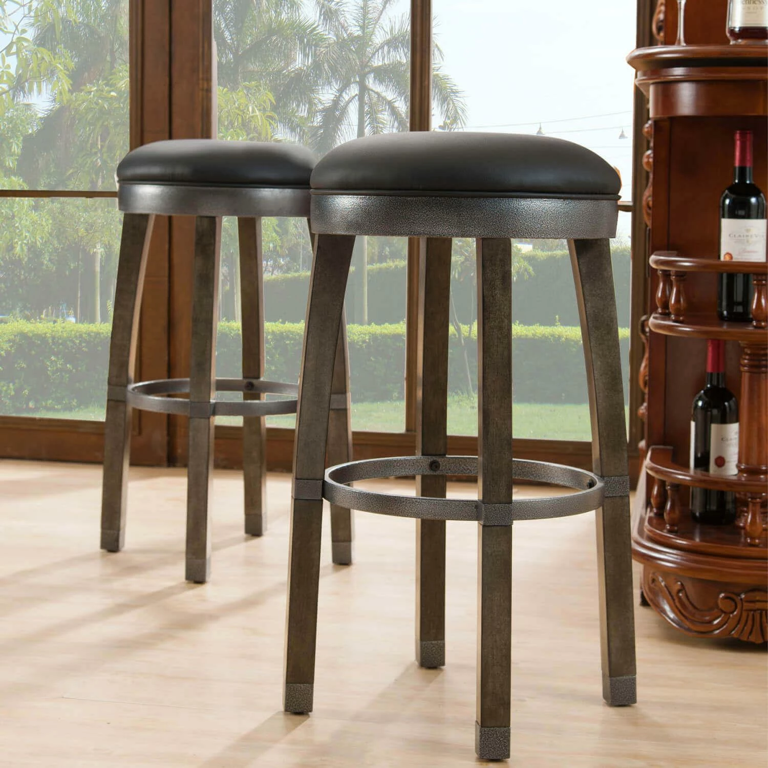 Bar Stool With Black Faux Leather Seat In Graystone, Set Of 2 2 Bar Stool With Black Faux Leather Seat In Graystone, Set Of 2 - Image 2