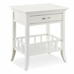 Basket Shelf One Drawer Side Table With USB-C, A/C And USB Charger In White