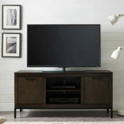 Tableau TV Stand-60" TV In Distressed Riverstone With Black Metal Base