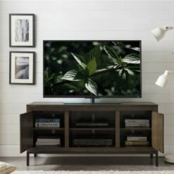 Tableau TV Stand-60" TV In Distressed Riverstone With Black Metal Base -US Home Sales Store leick home tableau tv stand for 60 tv distressed riverstone with black metal base 3
