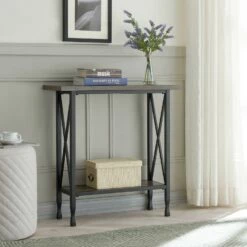 X Design Mixed Wood And Metal Hall Console In Smoke Gray -US Home Sales Store mixed wood metal hall console 3