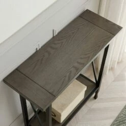 X Design Mixed Wood And Metal Hall Console In Smoke Gray -US Home Sales Store mixed wood metal hall console 6