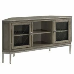 Corner TV Stand With Pewter Base In Gray, 58-Inch