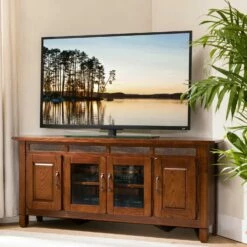 TV Console With Slate Tiles In Distressed Rustic Autumn, 56-Inch -US Home Sales Store rustic oak tv console 62 inch 3