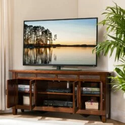 TV Console With Slate Tiles In Distressed Rustic Autumn, 56-Inch -US Home Sales Store rustic oak tv console 62 inch 4