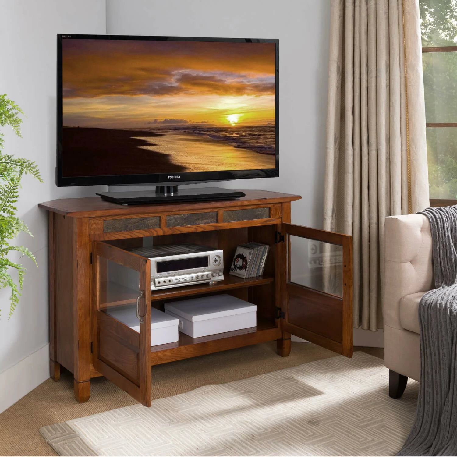 Rustic Oak TV Stand In Distressed Rustic Autumn, 46-Inch 4 Rustic Oak TV Stand In Distressed Rustic Autumn, 46-Inch - Image 4