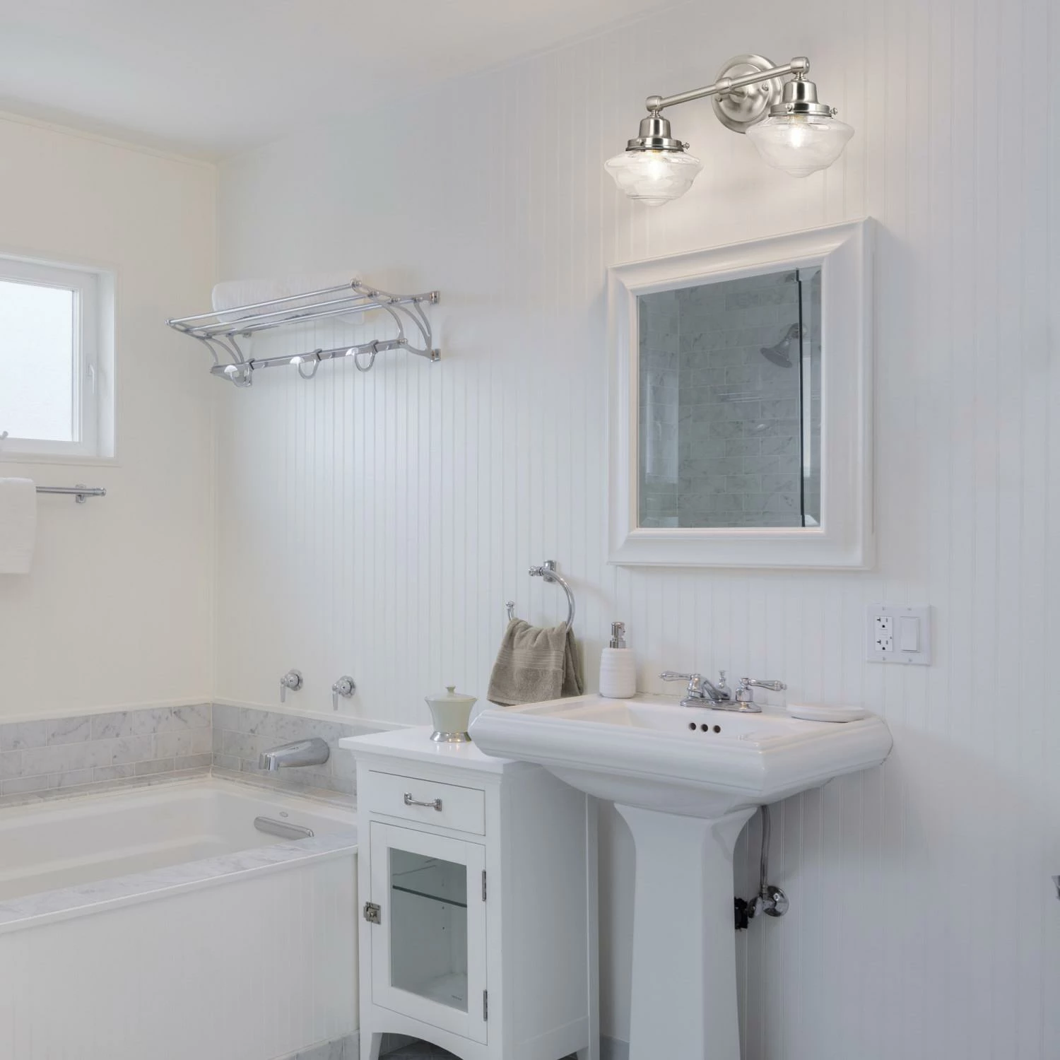 Schoolhouse Wall Light In Satin Nickel, 2-Light 3 Schoolhouse Wall Light In Satin Nickel, 2-Light - Image 3