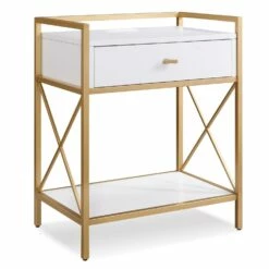 Claudette Side Table With A/C And USB Charger In White And Gold