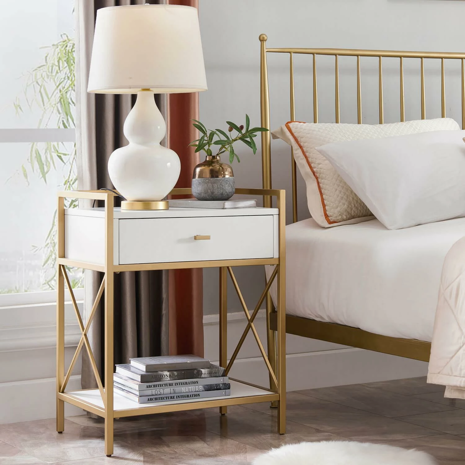 Claudette Side Table With A/C And USB Charger In White And Gold 3 Claudette Side Table With A/C And USB Charger In White And Gold - Image 3
