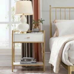 Claudette Side Table With A/C And USB Charger In White And Gold 13 Claudette Side Table With A/C And USB Charger In White And Gold -US Home Sales Store side table gold metal white 3