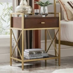 One Drawer Side Table With A/C And USB Charger In Walnut And Gold