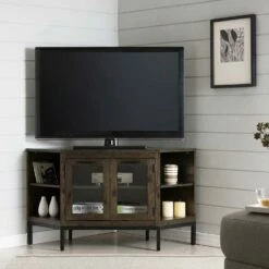 Tableau Vintage Oak Corner TV Stand In Distressed Riverstone, 46-Inch