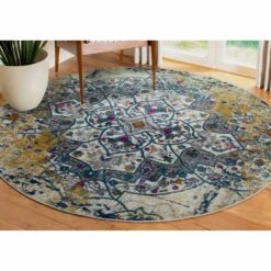 Vienne Round Area Rug Vintage Faded Ivory/Navy, 5-Foot-3-Inch