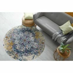 Vienne Round Area Rug Vintage Faded Ivory/Navy, 5-Foot-3-Inch -US Home Sales Store vienne vintage faded ivory navy area rug 5 feet 3 inches round 7