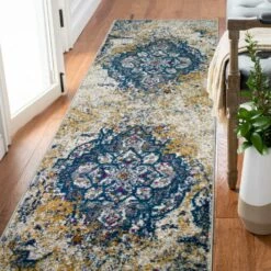 Vienne Runner In Vintage Faded Ivory/Navy, 2-Foot-2-Inch By 10-Foot
