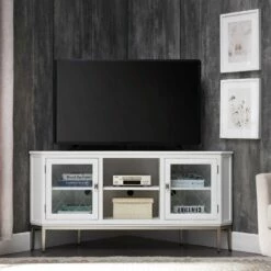 Corner TV Stand With Pewter Metal Base In Cottage White, 58-Inch