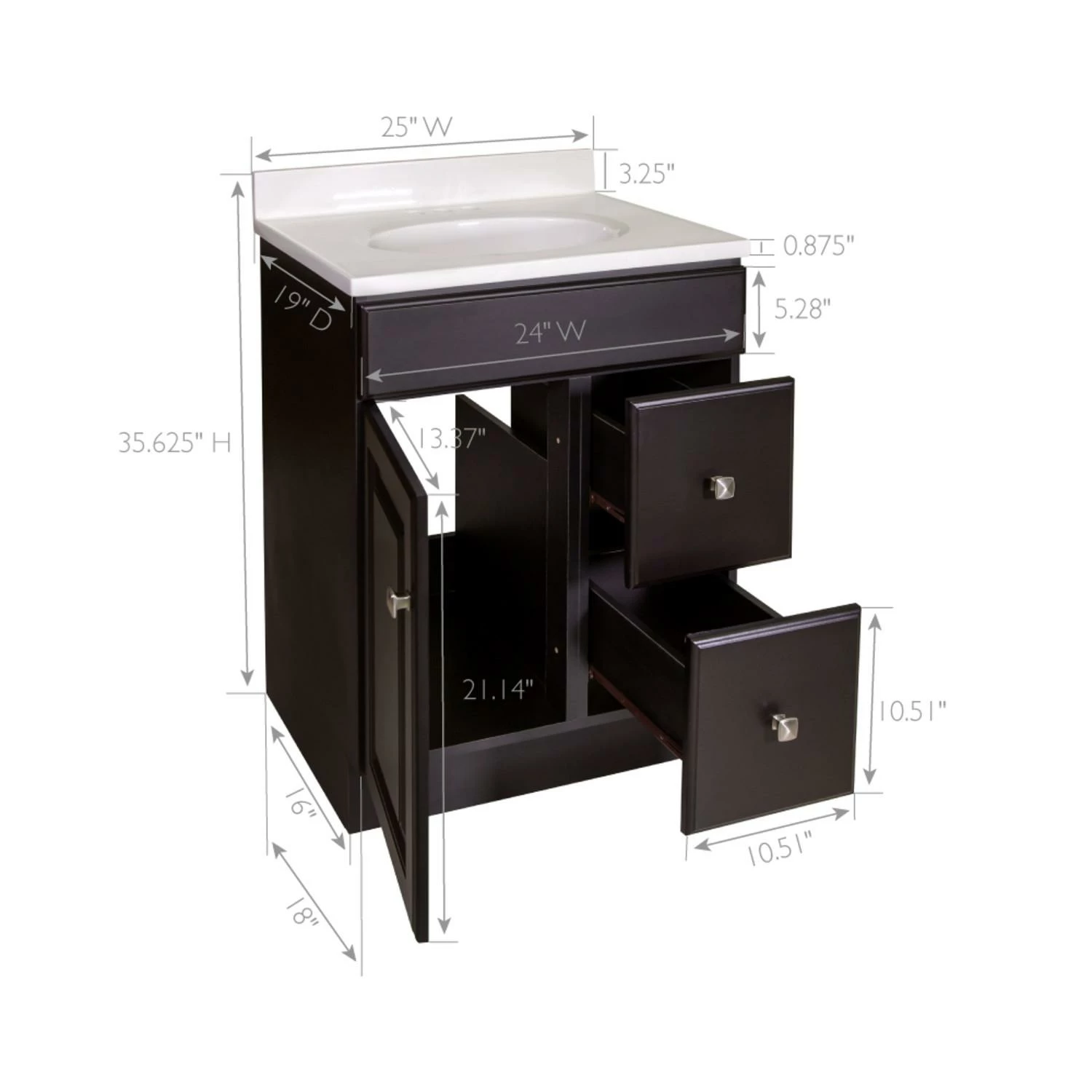 Wyndham Vanity With White Cultured Marble Top In Espresso, 25in X 19in 3 Wyndham Vanity With White Cultured Marble Top In Espresso, 25in X 19in - Image 3